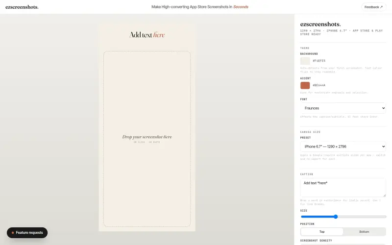 ezscreenshots homepage screenshot - Create App Store and Play Store screenshots in seconds, no signup required