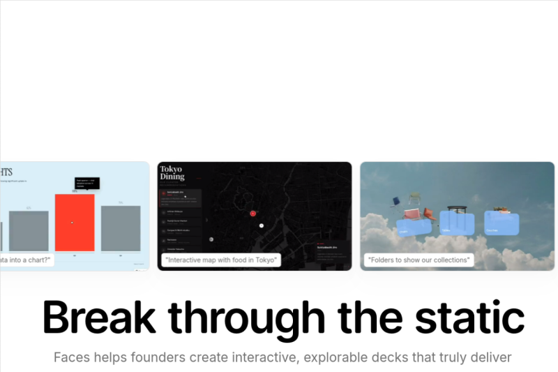 Faces: Interactive Presentations homepage showing Elevate your storytelling with dynamic, explorable slides that capture