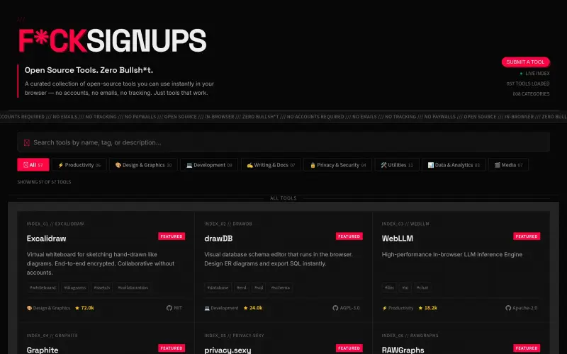 FckSignups homepage showing Open-source in-browser tools. No signup needed