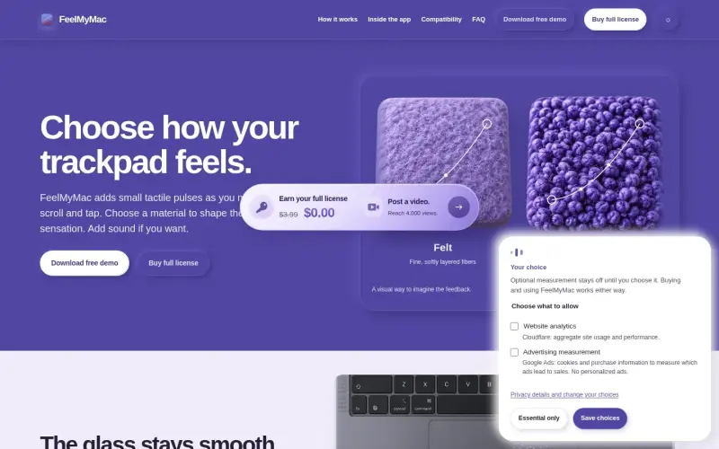 FeelMyMac homepage showing Haptic feedback for Mac trackpads, on your terms