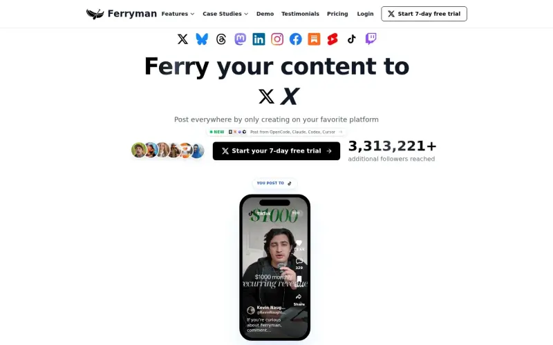 Ferryman homepage showing Auto-sync your posts across every social platform