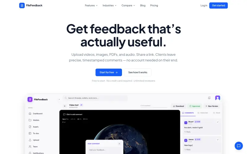 FileFeedback homepage showing Get timestamped comments on videos, images, and PDFs