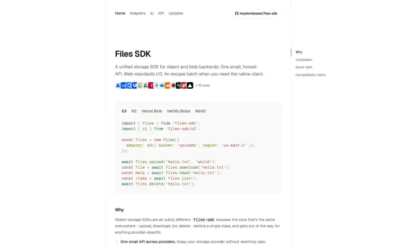 Files SDK homepage screenshot - Streamline storage with one API for multiple providers