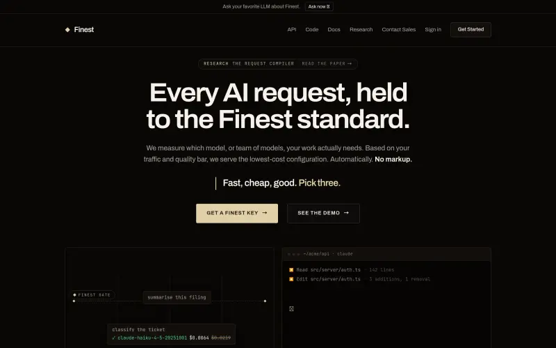 Finest homepage showing finds cheapest AI model that works, auto‑switch saves money, see prices