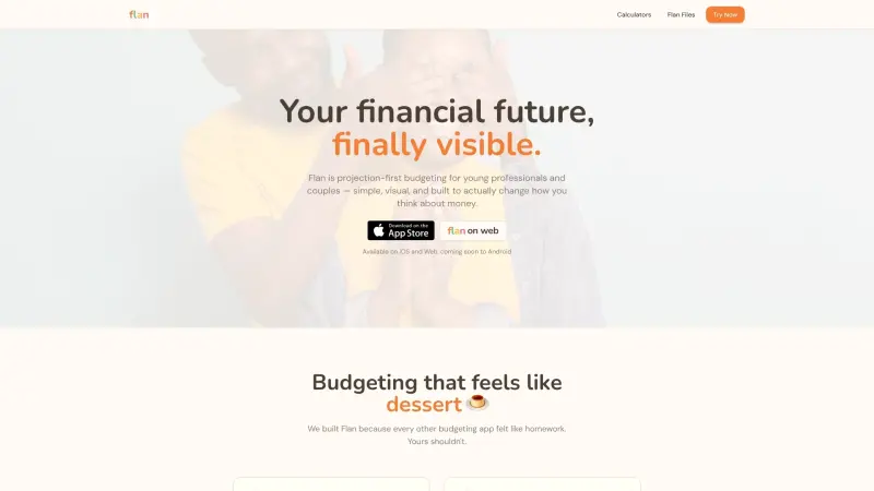 Flan homepage showing Visual financial timelines for couples and young professionals: model cash