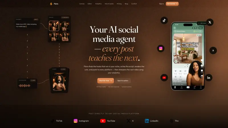 Flaris homepage showing AI agent creates viral videos and UGC ads