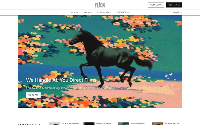 Flick homepage showing Create cinematic films with AI