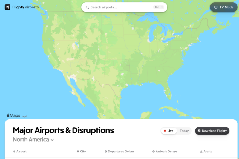 Flighty Airports Meltdown Map interface screenshot 2 showing Stay ahead of flight disruptions with live airport performance insights and