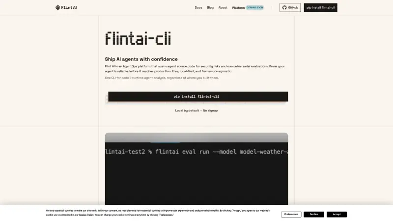 Flint AI CLI homepage showing Evaluate AI agent reliability