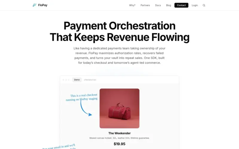 FloPay homepage showing Payment orchestration SDK that lifts auth rates and recovers failed payments