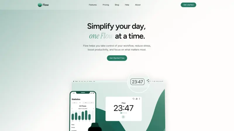 Flow homepage showing Stay productive and manage your time effectively with a proven work method