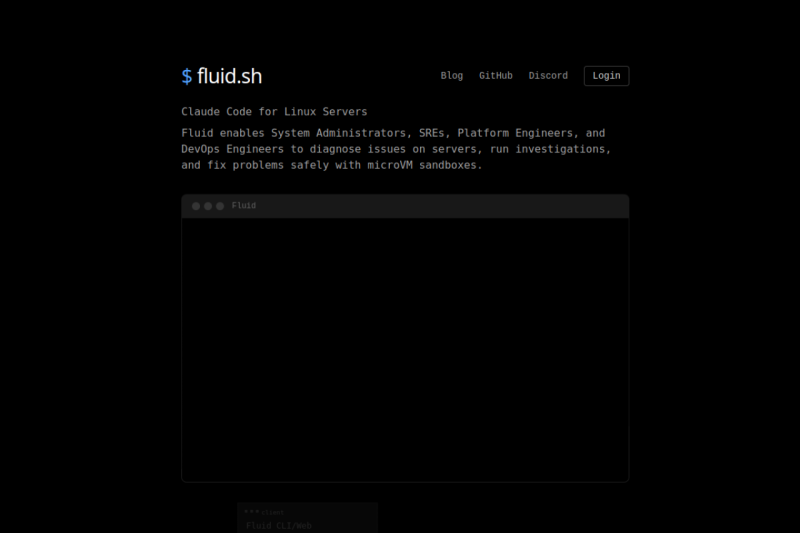 fluid.sh homepage showing Simplify complex workflows into seamless projects for effortless collaboration