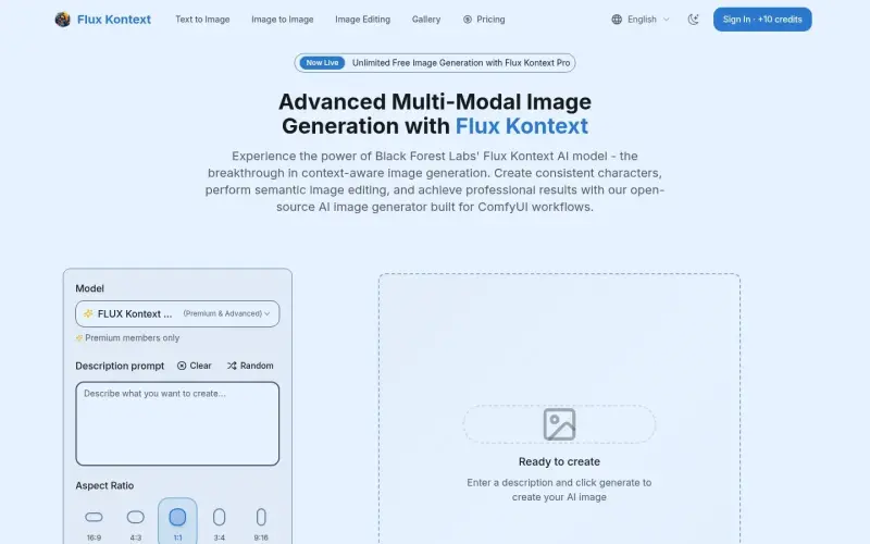 FLUX Kontext homepage screenshot - Generate consistent images with AI, no signup required