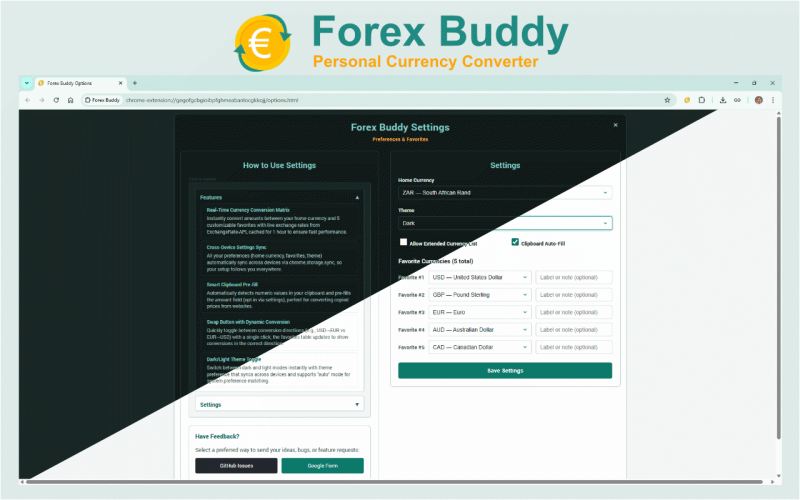 Forex Buddy interface screenshot 3 showing is a modern, browser extension-based currency conversion tool designed for