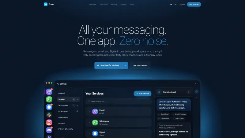 Franz homepage showing One app for all messaging