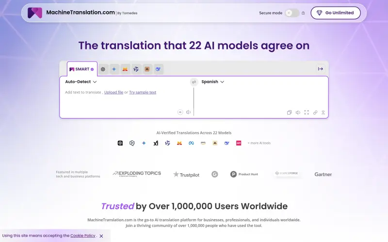 Free AI Translator homepage showing Translate with 22 AI models
