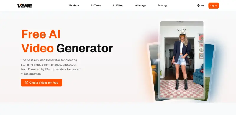 Free AI Video Generator homepage showing Create professional videos from images and text in seconds, perfect for social