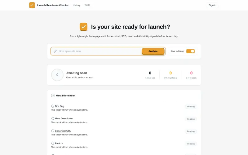 Free Launch Readiness Checker homepage showing Audit site