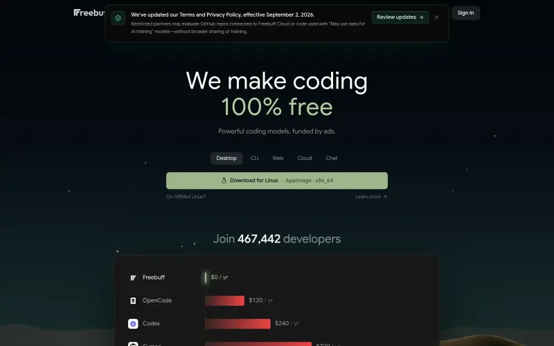 Freebuff homepage showing Free coding agent with no subscription or lock-in