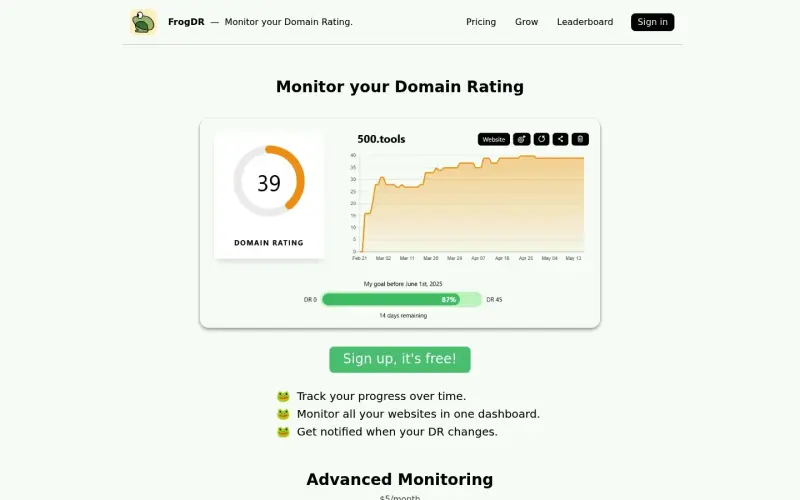 Frogdr homepage showing and grow your Domain Rating tracking