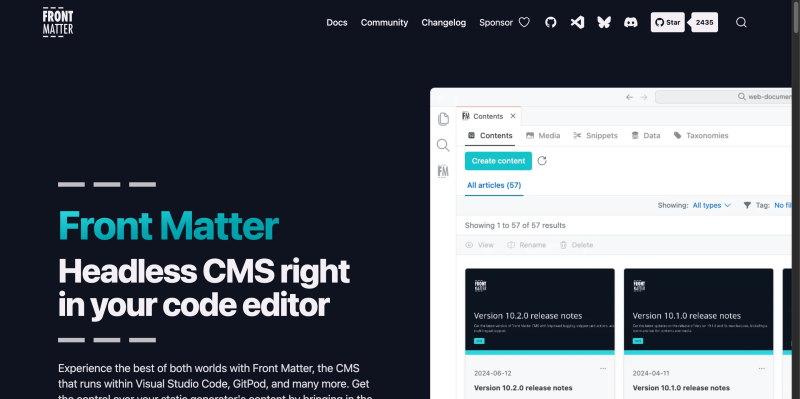 Front Matter homepage showing your static site content management
