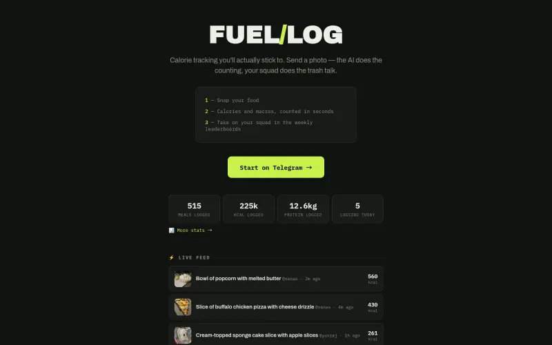 Fuel Log homepage showing Calorie tracking you'll actually stick to