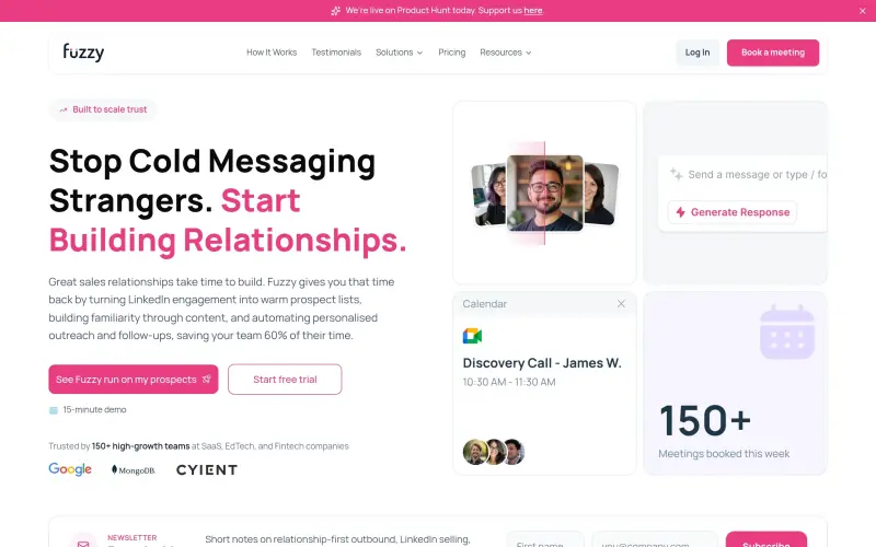Fuzzy AI homepage showing Turn cold prospects into warm conversations