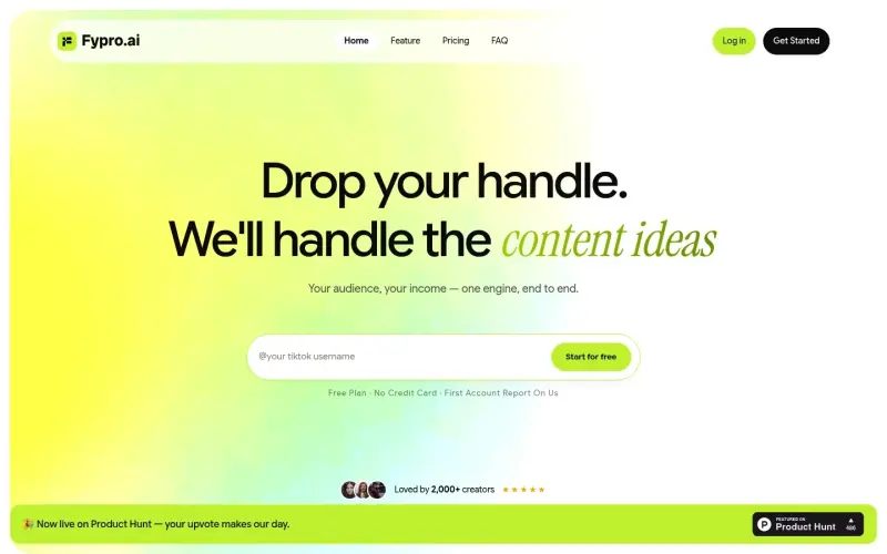 Fypro homepage showing AI-powered monetization for social creators