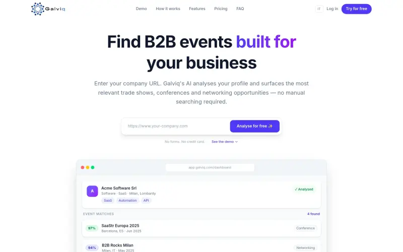 Galviq homepage screenshot - Find relevant B2B events in 60 seconds with AI-powered matching