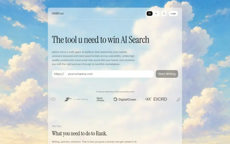 gehirn.md homepage showing Research subreddits, write on-brand, build backlinks