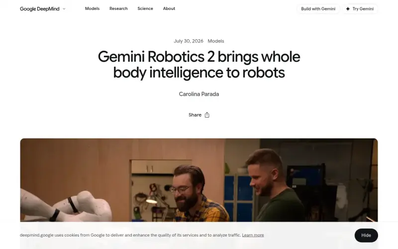 Gemini Robotics 2 homepage showing Powering the next era of robotics with Google AI