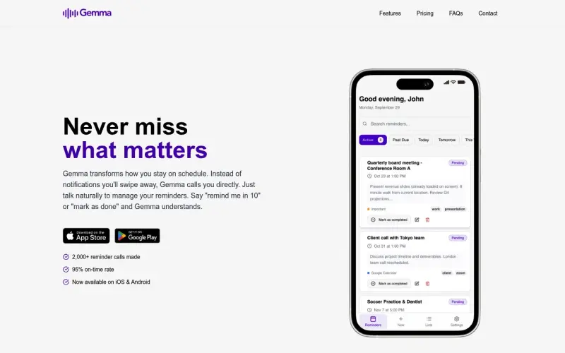 Gemma AI homepage showing Stay on top of your schedule with personalized call reminders that ensure you