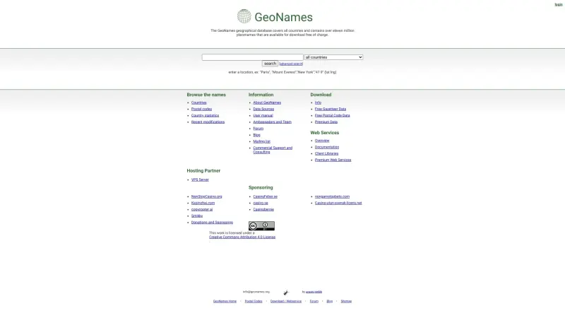 GeoNames homepage showing Geographical database of 11M placenames