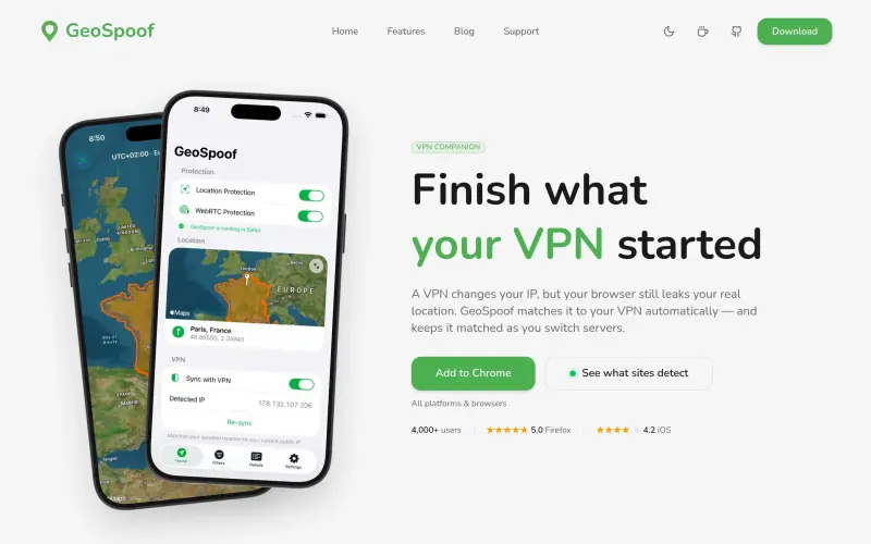 GeoSpoof homepage showing Spoof browser location and timezone