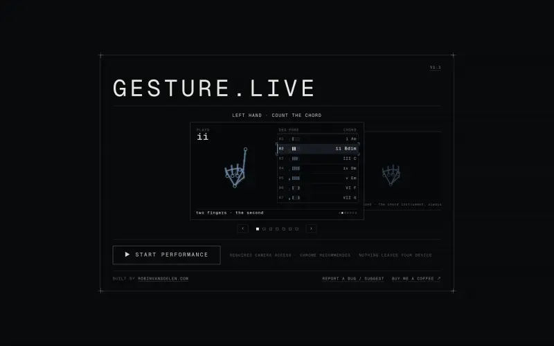 gesture.live homepage showing Play electronic music with webcam hand gestures