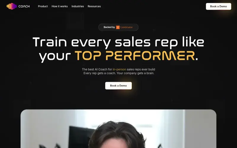 Getcoach homepage showing AI coaching for in-person sales reps