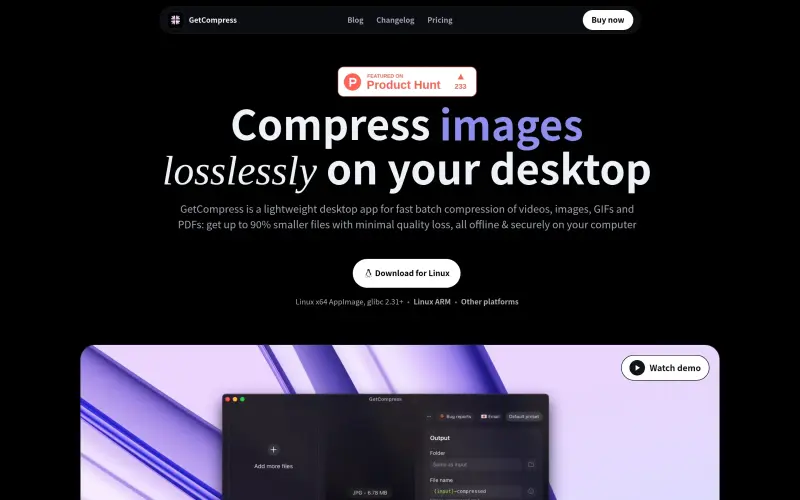 GetCompress homepage showing Compress files locally
