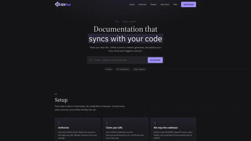Gitpadai homepage showing Live documentation from GitHub, auto-synced on every commit
