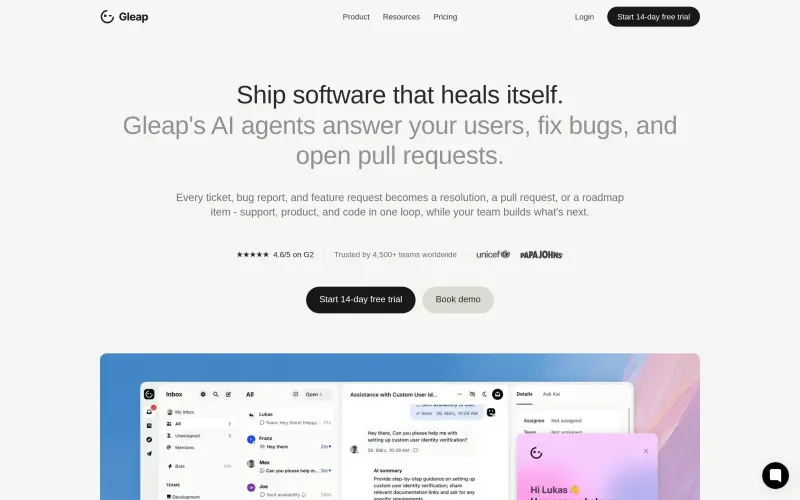 Gleap homepage showing AI agents fix bugs and answer users