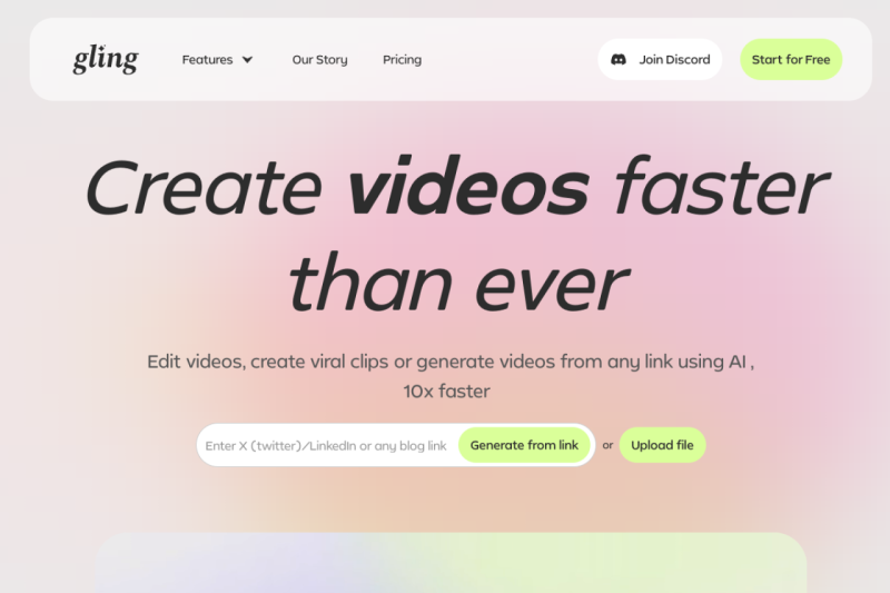 Gling homepage showing Elevate your YouTube content