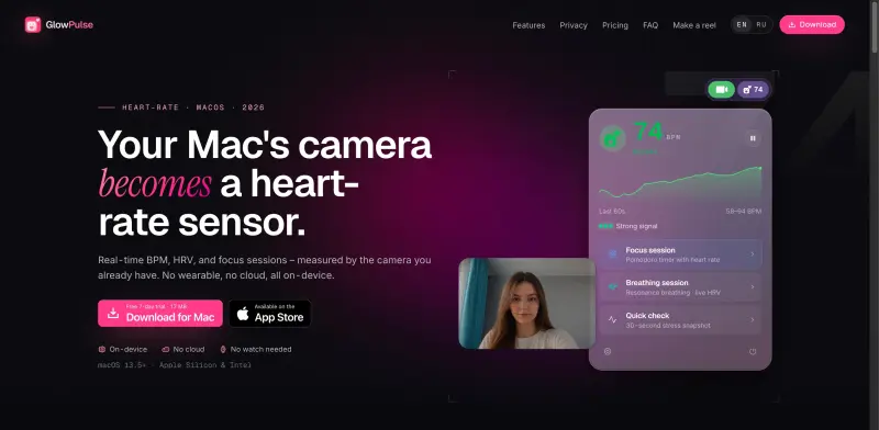 GlowPulse homepage showing Measure heart rate with your Mac's camera
