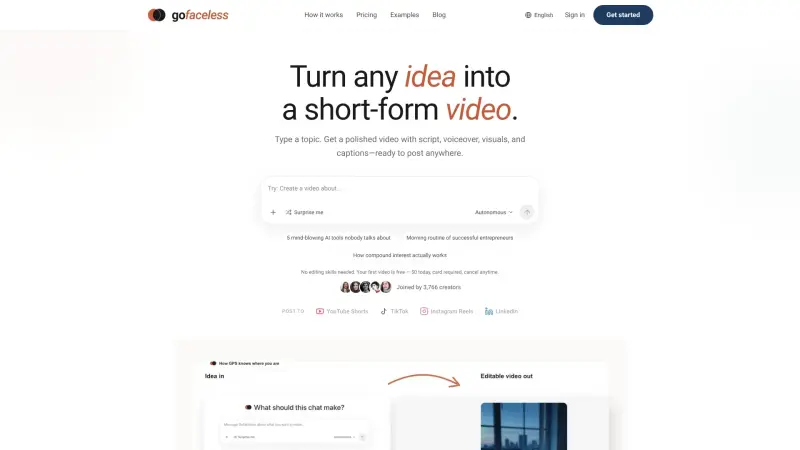 GoFaceless homepage showing Turn topics into faceless videos