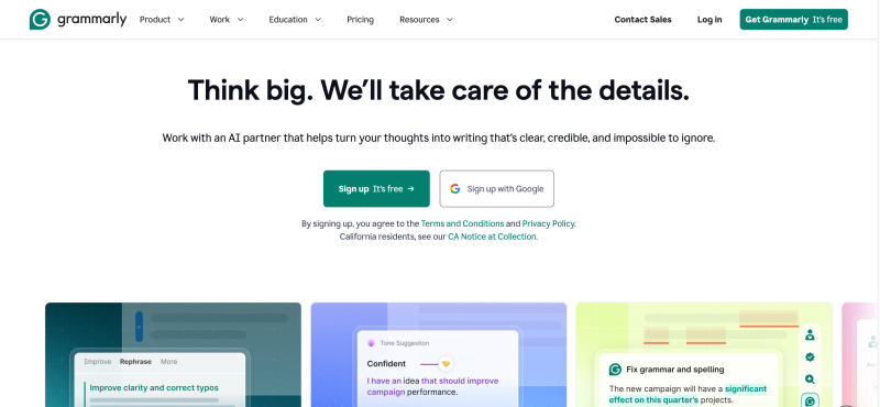 Grammarly homepage showing Free AI writing assistance for generating and refining text, everywhere