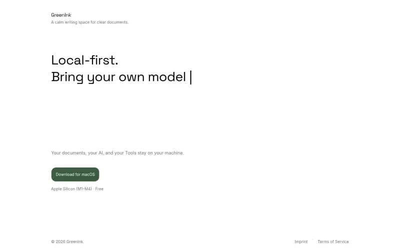 GreenInk homepage showing Write clear documents with AI help