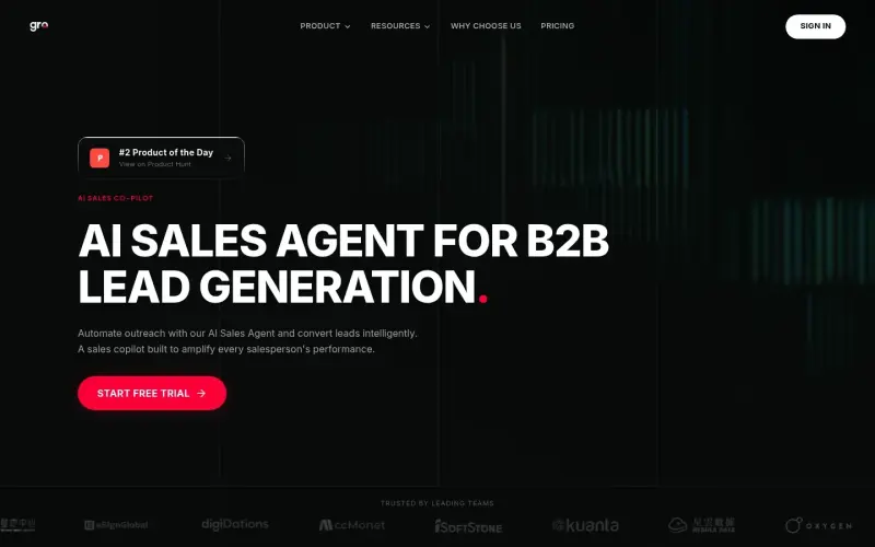 Gro homepage screenshot - Automate LinkedIn outreach with AI-driven lead gen and personalized campaigns