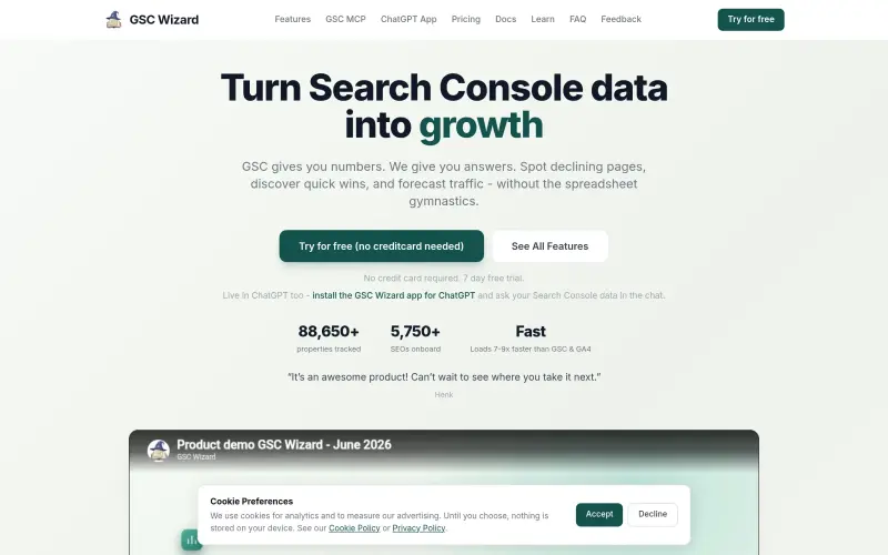 GSC Wizard homepage showing Unlock SEO insights from Google Search Console data with actionable analytics