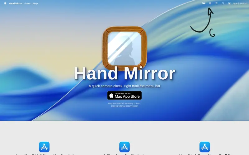 Hand Mirror homepage showing Quick camera check from the menu bar