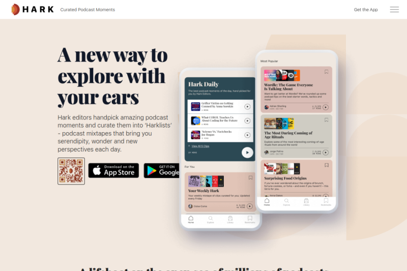 Hark homepage showing Get personalized podcast recommendations and listen to the best moments