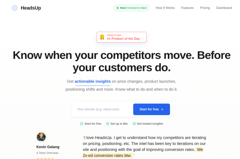 HeadsUp homepage showing Get actionable intelligence on pricing changes, feature launches, and