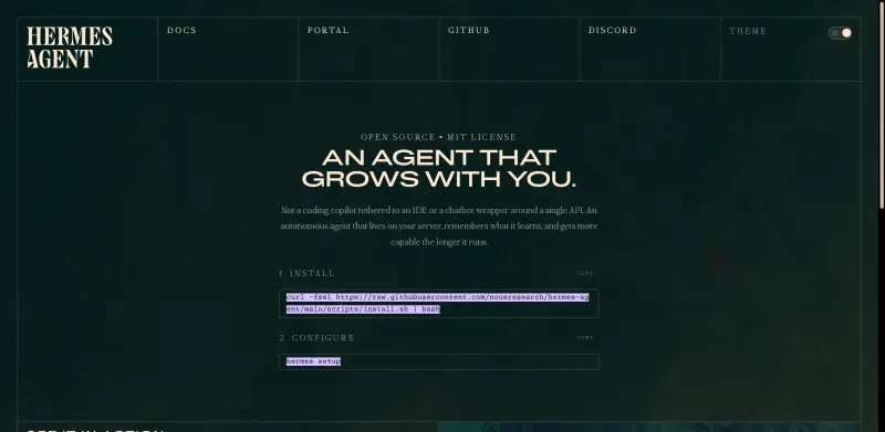 Hermes Agent homepage showing Streamline your workflow with an intelligent agent that learns, automates, and